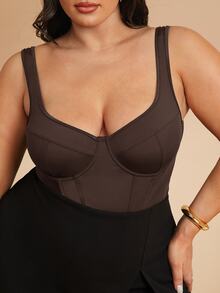 SHEIN BAE Plus Size Women Solid Color Casual Versatile Bodysuit For Daily Wear - Brown - View 5