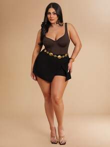 SHEIN BAE Plus Size Women Solid Color Casual Versatile Bodysuit For Daily Wear - Brown - View 2