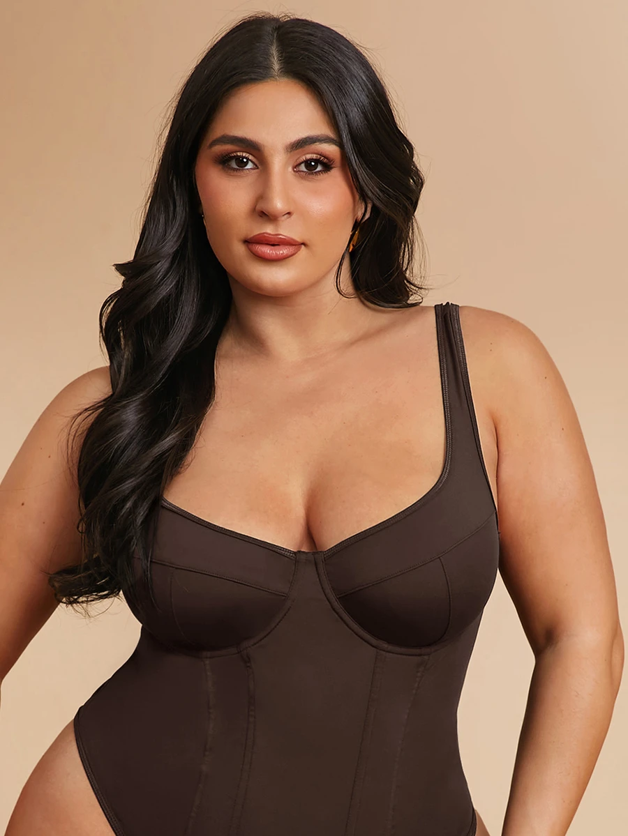 SHEIN BAE Plus Size Women Solid Color Casual Versatile Bodysuit For Daily Wear - Brown - View 1