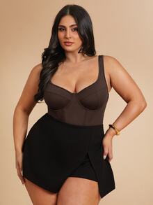 SHEIN BAE Plus Size Women Solid Color Casual Versatile Bodysuit For Daily Wear - Brown - View 4