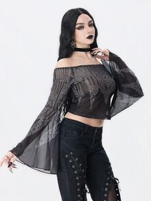 ROMWE Dark Gothic Halloween Church & Castle Print Sheer Mesh Off-Shoulder Bell Sleeve Top - Black - View 6