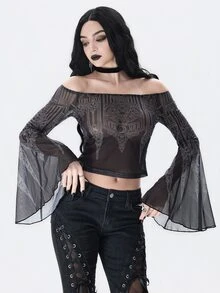 ROMWE Dark Gothic Halloween Church & Castle Print Sheer Mesh Off-Shoulder Bell Sleeve Top - Black - View 7