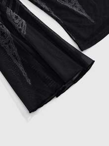 ROMWE Dark Gothic Halloween Church & Castle Print Sheer Mesh Off-Shoulder Bell Sleeve Top - Black - View 11