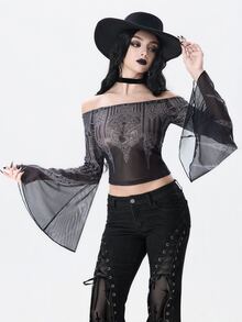 ROMWE Dark Gothic Halloween Church & Castle Print Sheer Mesh Off-Shoulder Bell Sleeve Top - Black - View 4