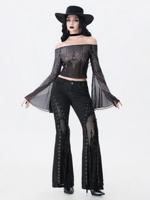ROMWE Dark Gothic Halloween Church & Castle Print Sheer Mesh Off-Shoulder Bell Sleeve Top - Black - View 3