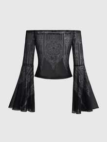 ROMWE Dark Gothic Halloween Church & Castle Print Sheer Mesh Off-Shoulder Bell Sleeve Top - Black - View 9