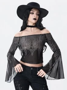 ROMWE Dark Gothic Halloween Church & Castle Print Sheer Mesh Off-Shoulder Bell Sleeve Top - Black - View 1