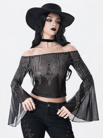 Goth Top in rete trasparente con spalle scoperte e maniche a campana, stampa gotica scura di chiesa e castello per Ognissanti