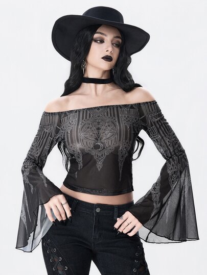 Dunkles Gothic Halloween Kirche & Schloss Muster transparentes Mesh Off-Shoulder Glockenärmel Top