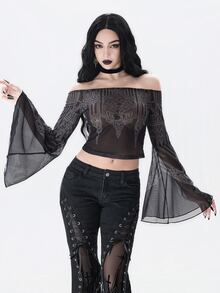 ROMWE Dark Gothic Halloween Church & Castle Print Sheer Mesh Off-Shoulder Bell Sleeve Top - Black - View 5