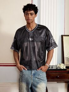 SWAVVY 街头风格 V 领短袖数码印花宽松男士针织 T 恤，夏季，街头风 - 彩色 - 查看 4