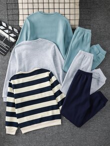SHEIN 兒童 6 件組 青少年男孩休閒日常百搭舒適條紋印花圖案 多色灰色、藍色、黑色與白色條紋圓領套頭寬鬆衛衣與鬆緊束口寬鬆運動長褲 針織 2 件套 內層加絨加厚衛衣套裝 適合通勤、上學、日常休閒、運動、旅行，秋冬季 - 彩色 - 查看 3