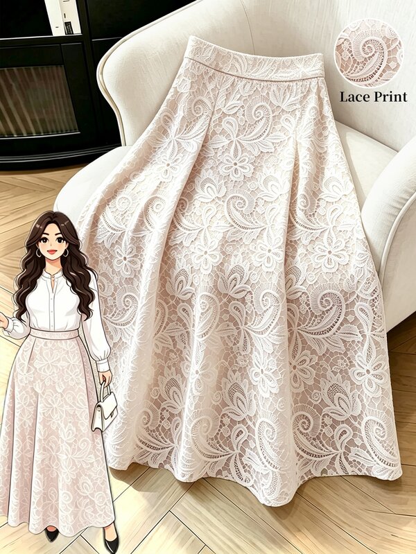 GlowEve CURVE Rok Midi Wanita Ukuran Besar Pinggang Tinggi Motif Bunga, Rok Panjang Model A-Line Elegan, Gaya Kasual Formal Vintage, Cocok untuk Tamu Pernikahan, Pesta, dan Pakaian Sehari-hari