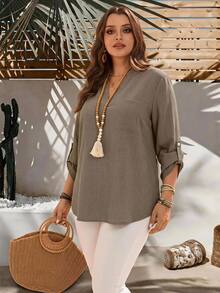 EMERY ROSE Plus Size Women Solid V-Neck Roll Sleeve Blouse,Western Wear Women,Teacher Shirts,Fall Clothes For Women - Camel - View 1