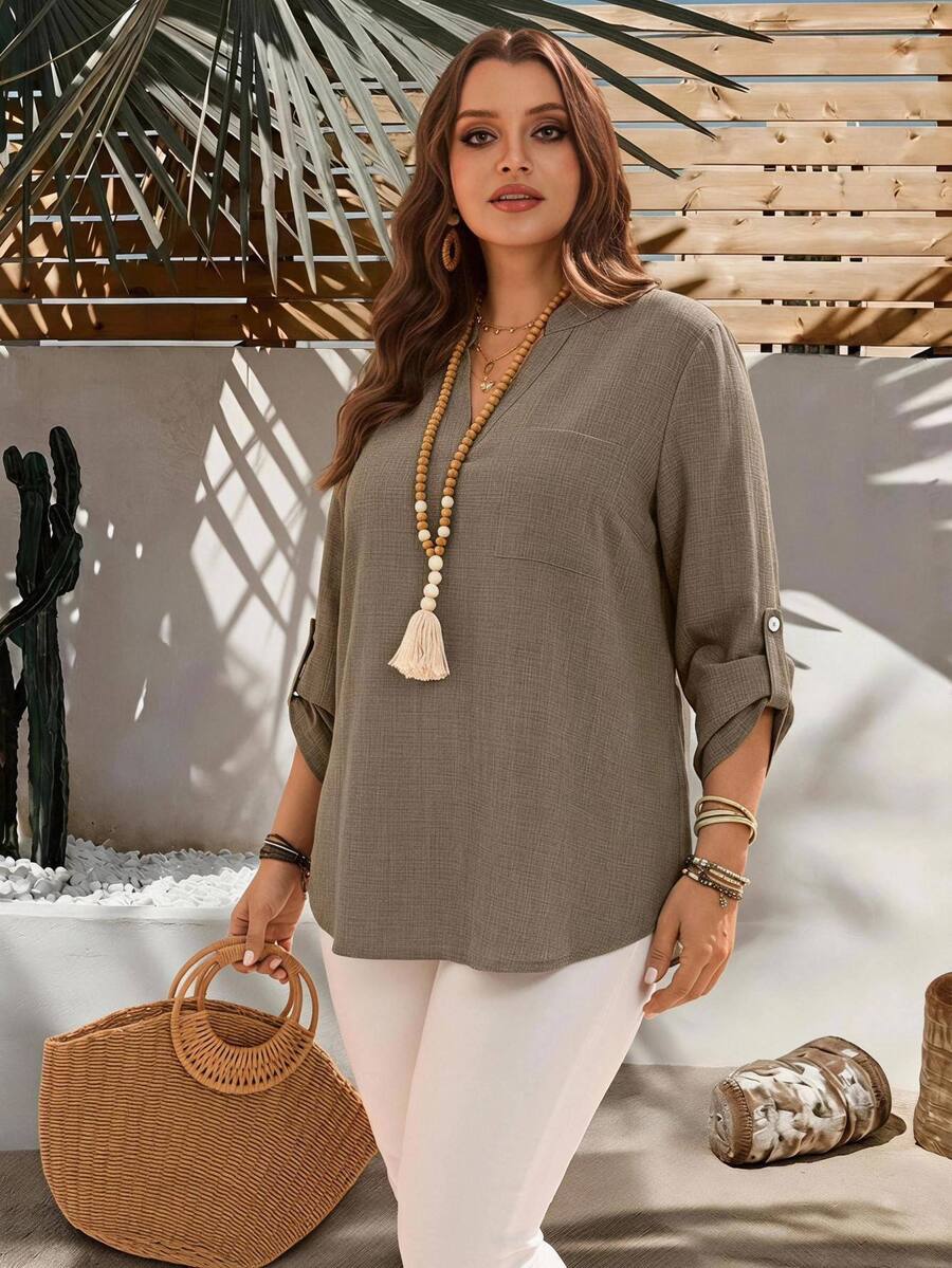 EMERY ROSE Plus Size Women Solid V-Neck Roll Sleeve Blouse,Western Wear Women,Teacher Shirts,Fall Clothes For Women - Camel - View 1
