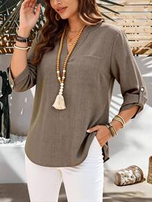 EMERY ROSE Plus Size Women Solid V-Neck Roll Sleeve Blouse,Western Wear Women,Teacher Shirts,Fall Clothes For Women - Camel - View 2