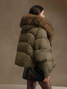 Anewsta Short Thick Hooded Jacket With Extra Large Furry Collar And Ribbed Cuffs - Army Green - View 2