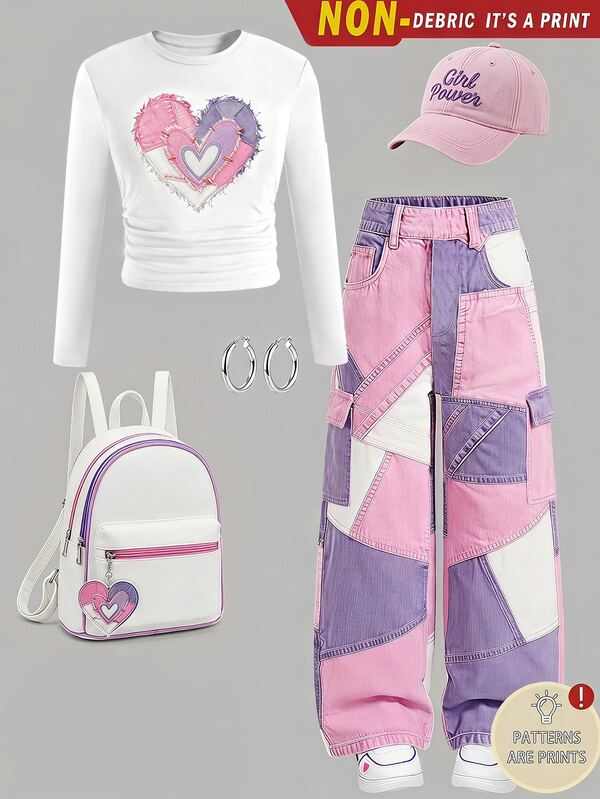SHEIN Sparklyn طقم من قطعتين: توب بأكمام طويلة وخصر مشدود مع طباعة رقمية وتصميم رقعات جينز صناعي على شكل قلب، وبنطال كارغو بقصة مستقيمة