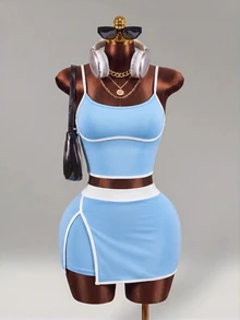 Mistrie Women's Colorblock Ultra Short Top And Shorts Minimalist Slim Fit Sports Set - Baby Blue - View 3