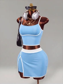 Mistrie Women's Colorblock Ultra Short Top And Shorts Minimalist Slim Fit Sports Set - Baby Blue - View 5