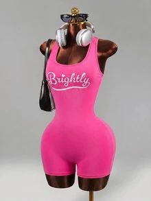 Mistrie Women's Letter Print Casual Daily Sports Romper - Hot Pink - View 4