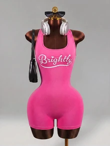 Mistrie Women's Letter Print Casual Daily Sports Romper - Hot Pink - View 5