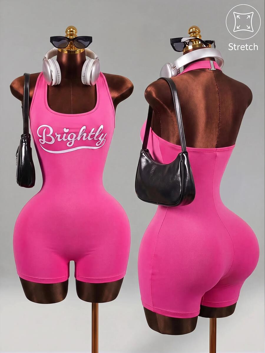 Mistrie Women's Letter Print Casual Daily Sports Romper - Hot Pink - View 1