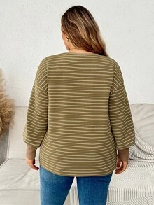 Plussiva Plus Size Maternity Striped Button Half-Placket Long Sleeve Top Dates Fashion Week Autumn Casual Fall - Green - View 5