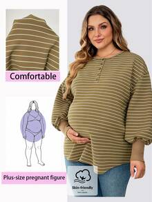 Plussiva Plus Size Maternity Striped Button Half-Placket Long Sleeve Top Dates Fashion Week Autumn Casual Fall - Green - View 1