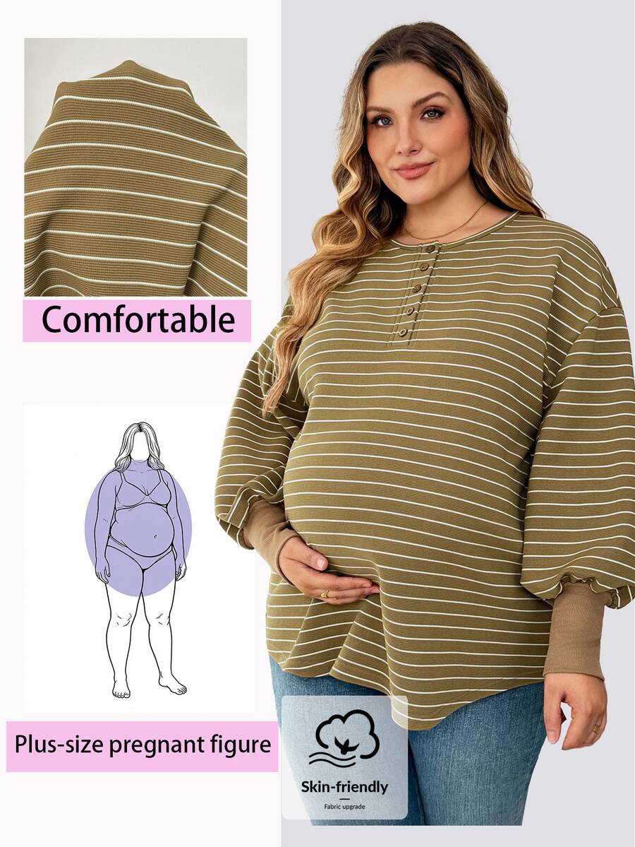 Plussiva Plus Size Maternity Striped Button Half-Placket Long Sleeve Top Dates Fashion Week Autumn Casual Fall - Green - View 1