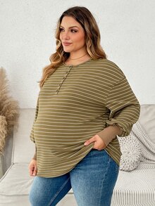Plussiva Plus Size Maternity Striped Button Half-Placket Long Sleeve Top Dates Fashion Week Autumn Casual Fall - Green - View 6