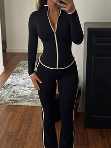SHEIN SXY Women's Autumn Casual Jacket And Pants 2 Pieces Set - Black and White - View 1