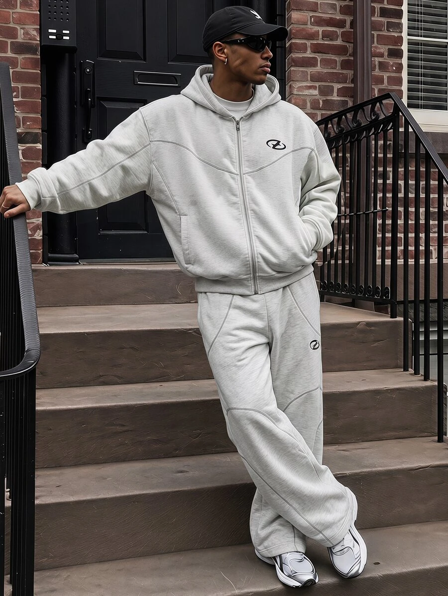 FRESIVO 2pcs Men's Fluffy Hooded Zip-Up Sweatshirt And Drawstring Pants Set, Fall Clothes, Winter - Apricot - View 1