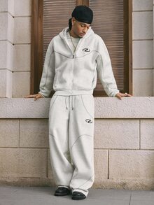 FRESIVO 2pcs Men's Fluffy Hooded Zip-Up Sweatshirt And Drawstring Pants Set, Fall Clothes, Winter - Apricot - View 2