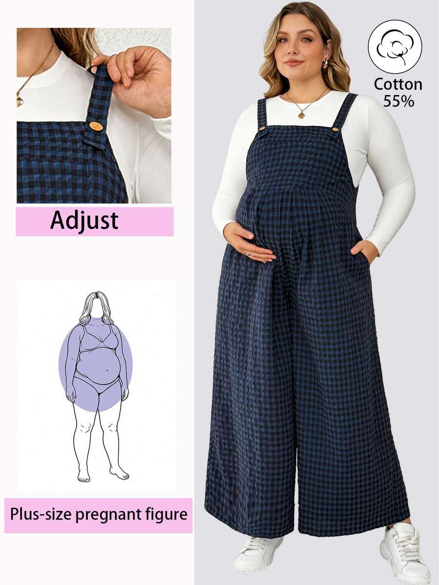 Plussiva Plus Size Textured Plaid Loose Maternity Jumpsuit Dates Fashion Week Gender Reveal Summer 1960s Casual - Blue - View 1