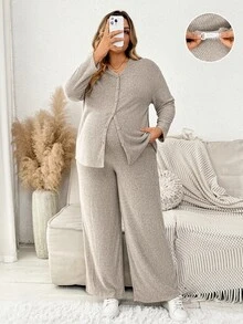 Plussiva Plus Size Maternity Single-Breasted Long Sleeve Top And Adjustable Waist Pants 2 Pieces Set Fall - Apricot - View 1