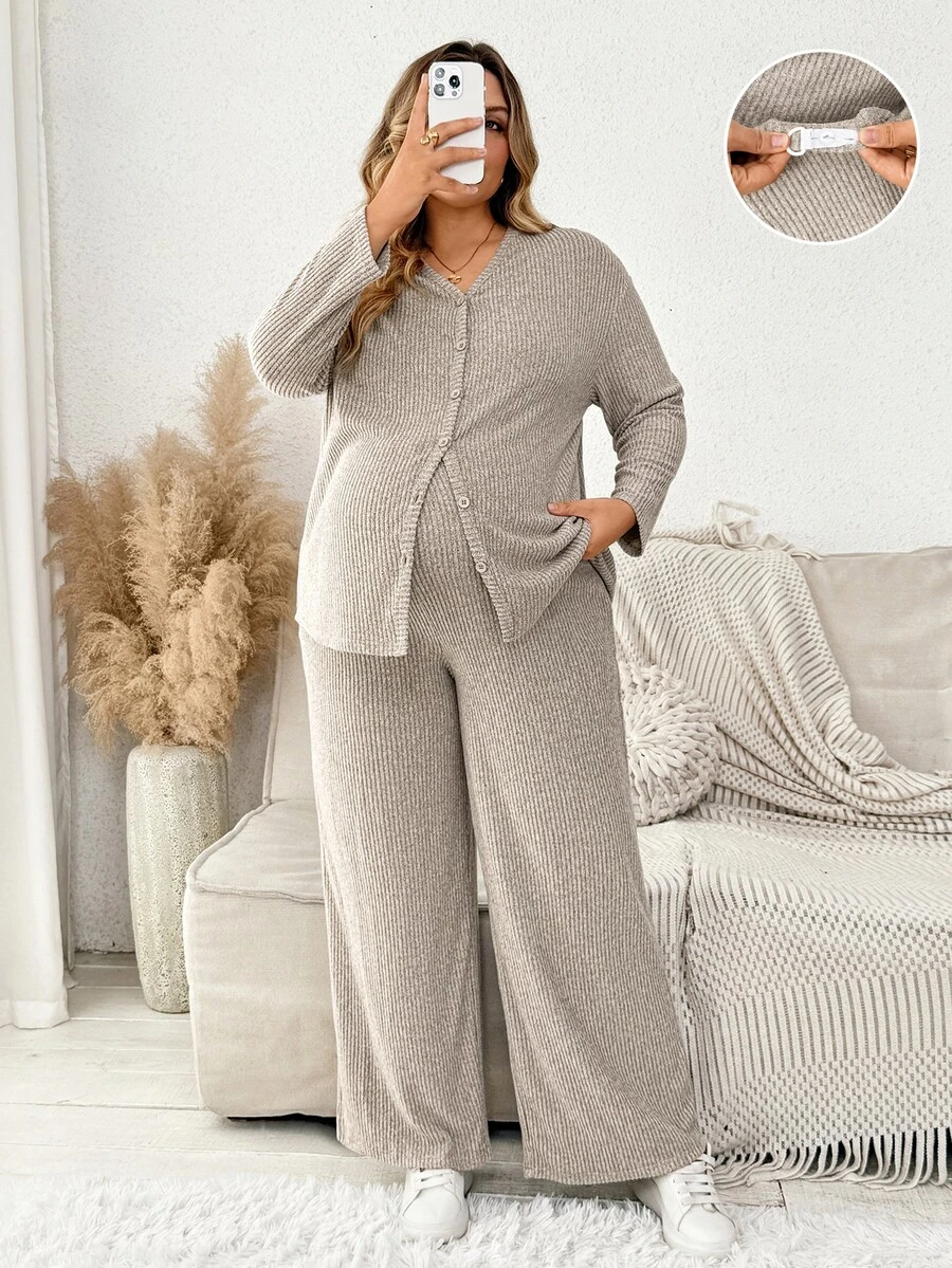 Plussiva Plus Size Maternity Single-Breasted Long Sleeve Top And Adjustable Waist Pants 2 Pieces Set Fall - Apricot - View 1