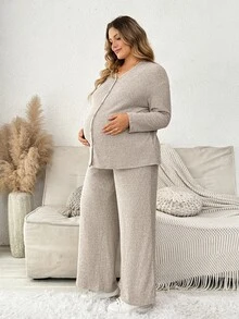 Plussiva Plus Size Maternity Single-Breasted Long Sleeve Top And Adjustable Waist Pants 2 Pieces Set Fall - Apricot - View 3