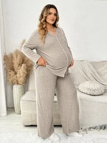 Plussiva Plus Size Maternity Single-Breasted Long Sleeve Top And Adjustable Waist Pants 2 Pieces Set Fall - Apricot - View 6