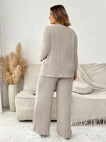Plussiva Plus Size Maternity Single-Breasted Long Sleeve Top And Adjustable Waist Pants 2 Pieces Set Fall - Apricot - View 4