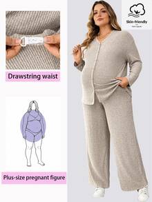 Plussiva Plus Size Maternity Single-Breasted Long Sleeve Top And Adjustable Waist Pants 2 Pieces Set Fall - Apricot - View 2