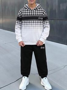 SHEIN 兒童青少年男孩千鳥格印花長袖連帽衛衣與運動長褲休閒套裝 - 黑與白 - 查看 1