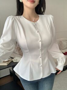 Celisse Blus Wanita Lengan Panjang Elegan Berwarna Putih dengan Kancing Mutiara Berbentuk X yang Mengencangkan Pinggang, Cocok untuk Perjalanan Sehari-hari - Putih - View 5