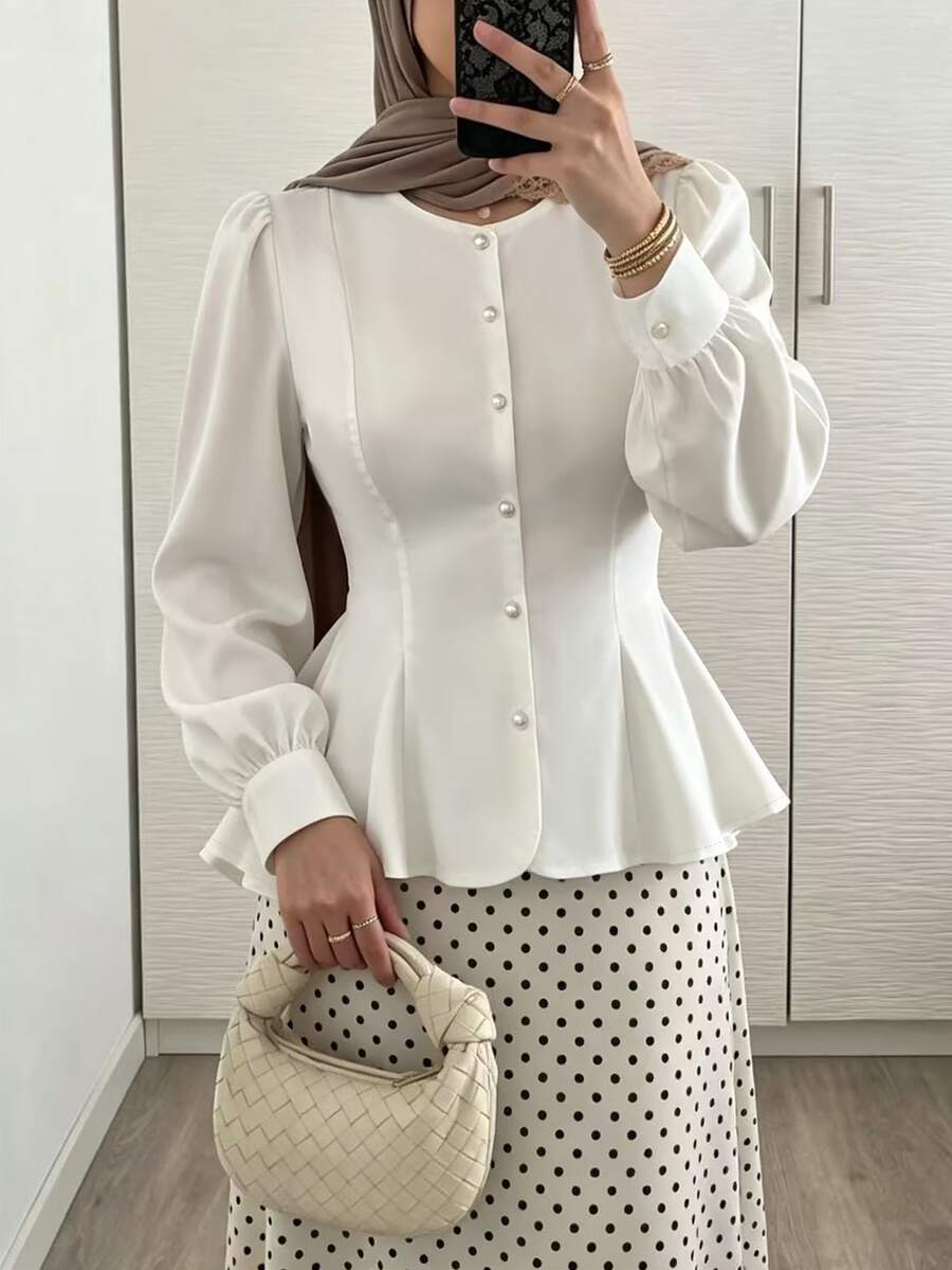 Celisse Blus Wanita Lengan Panjang Elegan Berwarna Putih dengan Kancing Mutiara Berbentuk X yang Mengencangkan Pinggang, Cocok untuk Perjalanan Sehari-hari - Putih - View 1