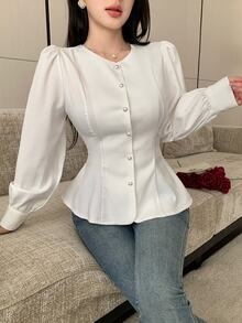 Celisse Blus Wanita Lengan Panjang Elegan Berwarna Putih dengan Kancing Mutiara Berbentuk X yang Mengencangkan Pinggang, Cocok untuk Perjalanan Sehari-hari - Putih - View 3