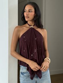 Aloruh Women's Elegant Halter Neck Tie Top With Metal Buckle Decor, Olive Green, For Daily Commute And Beach Vacation - Red Violet - View 1
