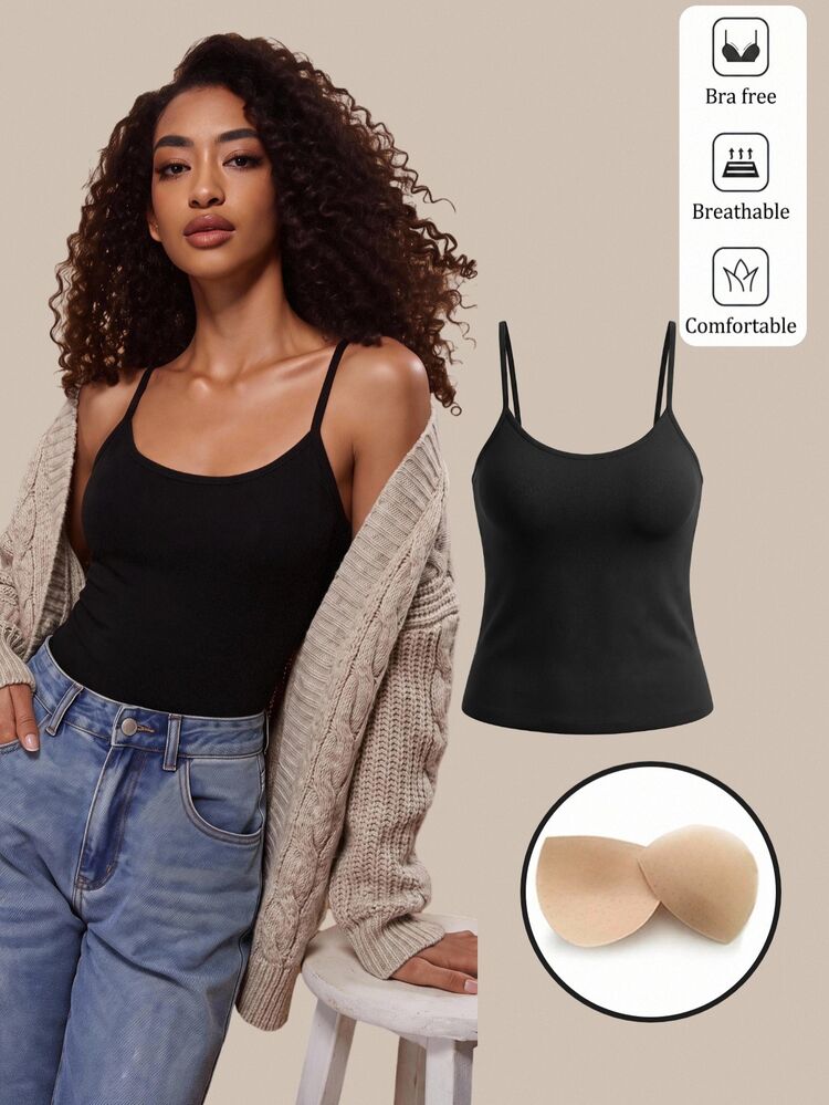 SHEIN BASICS ملابس علوية كاميسول نسائية بلون موحد بتصميم بسيط متناسق مع كل شيء، محتشمة وكاجوال متعددة الاستخدامات للعطلات والشاطئ والاستخدام اليومي والنهاري والإجازات والجيم والاسترخاء، باللون الأسود - الأسود - مشاهدة 1