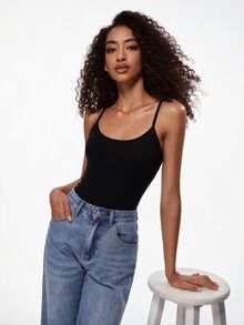 SHEIN BASICS Women's Solid Color Minimalist All-Match Modest Casual Versatile Camisole Tank Top For Vacation Beach Everyday Daytime Holiday Gym Lounge Black - Black - View 5