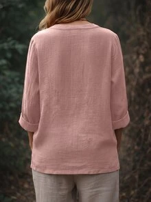 SHEIN Franclia 女士纯色V领长袖休闲装饰纽扣衬衫 - 藕粉色 - 查看 2