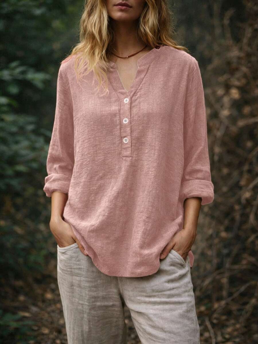 SHEIN Franclia 女士纯色V领长袖休闲装饰纽扣衬衫 - 藕粉色 - 查看 1
